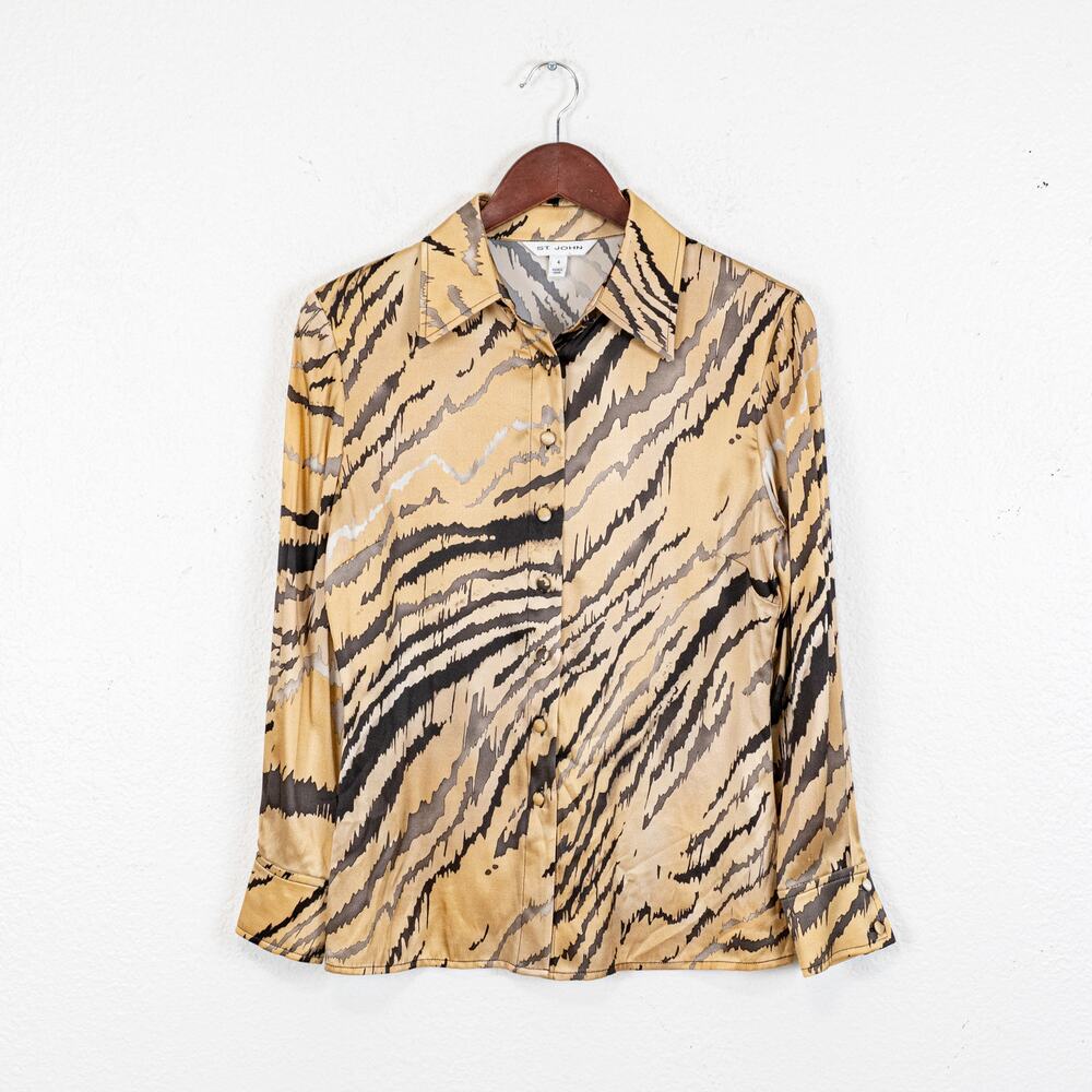 ST. John Women's Silk Tiger Print Blouse Long Sleeve size 4 - Picture 8 of 9